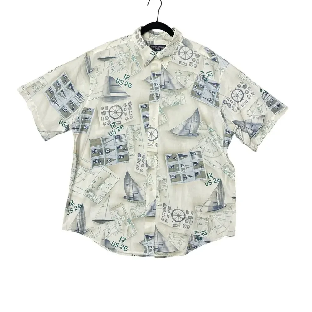 NEW Y2K Nautical Boat Hawaiian Button Up Shirt‎ Size XL Coastal Sailing Travel